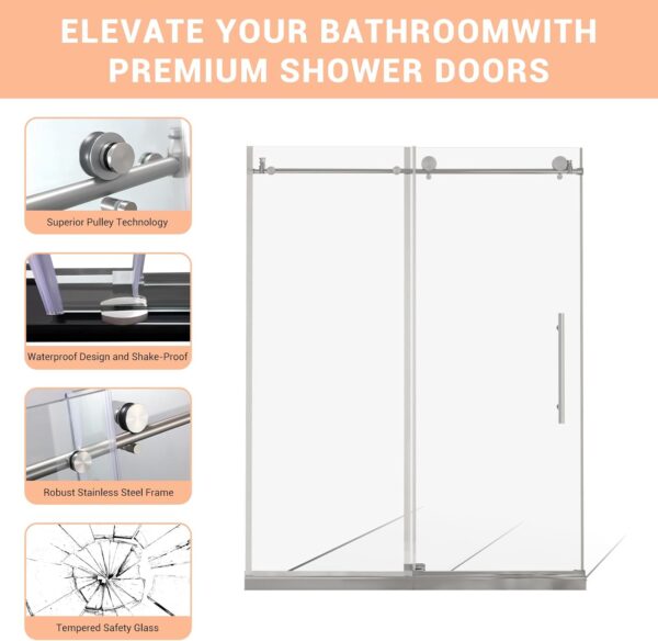 Shower Door, Sliding Shower Door with Explosion-Proof Film Clear Glass, Frameless Tempered Glass Shower Door with Stainless Steel Handle & Waterproof Seal Strip Parts