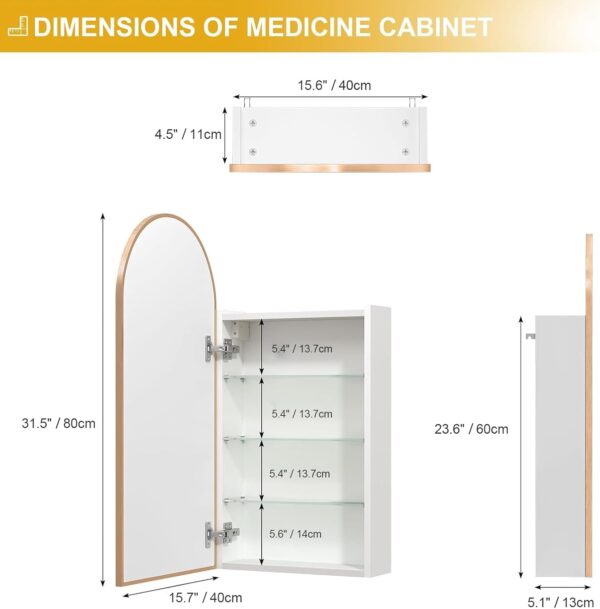 Arched Medicine Cabinet with Mirror,Arch Bathroom Medicine Cabinet with 3 Shelves,Wall Mounted Only,16x31 Inch