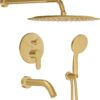 Shower System with Tub Spout, Shower Faucet Set with 10-Inch Rain Shower Head, Handheld Shower head and Shower Faucet Trim valve, Wall Mounted Bathroom Shower Combo Set,Gold