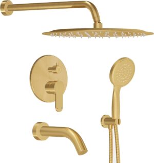 Shower System with Tub Spout, Shower Faucet Set with 10-Inch Rain Shower Head, Handheld Shower head and Shower Faucet Trim valve, Wall Mounted Bathroom Shower Combo Set,Gold