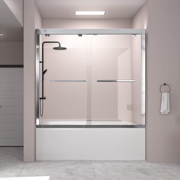 DELAVIN 56-59 in. W x 59 in. H Semi-Frameless Double Sliding Tub Shower Door, Water Repellent Bathtub Door, SGCC Tempered Bathtub Glass Door with Explosion-Proof Film, Stainless Steel Hardware