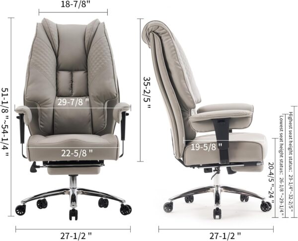 Big and Tall Office Chair 400lbs Wide Seat, Leather High Back Executive Office Chair with Foot Rest, Ergonomic Office Chair Lumbar Support for Lower Back Pain Relief (Light Grey)