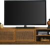 59 Inch Mid Century Modern TV Stand with Rattan Cabinet Doors, Entertainment Center Media Console for 65 Inch TVs, Living Room/Bedroom TV Stand, Light Wood