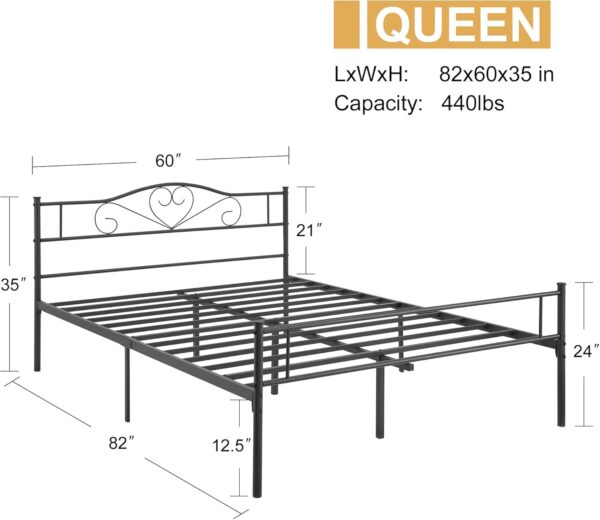 VECELO Metal Platform Bed Frame with Headboard & Footboard, Steel Slats Mattress Foundation, No Box Spring Needed, Queen, Charcoal Black