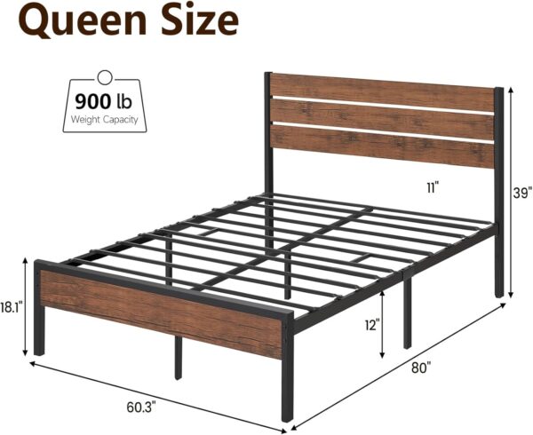 Rustic Queen Bed Frame with Headboard,Metal Platform Farmhouse Bed Frame Metal Slat,Sturdy Heavy Duty Bed Frame,No Box Spring Needed,Easy Assembly,Under Bed Storage,Rustic Brown,Queen Size