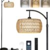 Arc Floor Lamp with Remote Control, Dimmable LED Floor Lamp with 3 Color Temperature, Black Standing Lamp with Rattan & Fabric Double Drum Shade, Boho Farmhouse Tall Pole Lamp for Living Room Bedroom