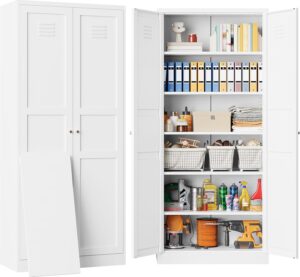 White Metal Storage Cabinet with 2 Doors and 5 Shelves,Pantry Storage Cabinet,Ventilated Tall Large Cupboard Closet,71"H Food Pantry Cabinets for Home,Office,Bathroom,Dining/Living Room (71" H)