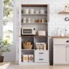 Modern Kitchen Pantry Cabinet with Microwave Stand, Tall Hutch Bar Cabinet with Drawers & Adjustable Shelves, Large Wood Storage Cabinet for Dining Room, Living Room, White