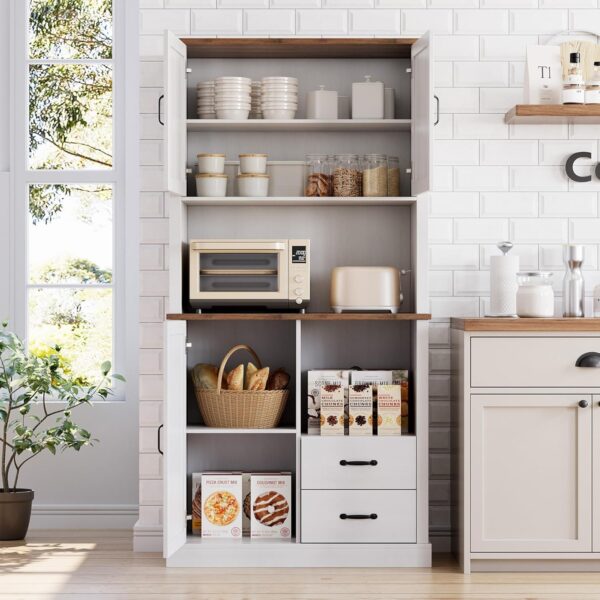 Modern Kitchen Pantry Cabinet with Microwave Stand, Tall Hutch Bar Cabinet with Drawers & Adjustable Shelves, Large Wood Storage Cabinet for Dining Room, Living Room, White