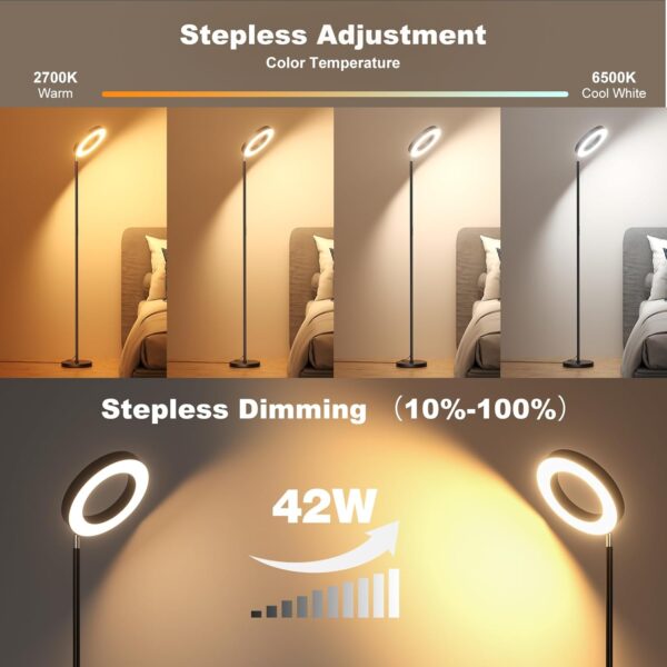 42W Bright RGB Floor Lamp, Dual-Sided LED Standing Lamp with Remote, Stepless Dimmable, Modern Color Changing Torchiere Tall Lamps for Living Room Bedroom Office Gaming Party