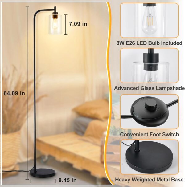 DLLT Floor Lamp Tall for Room: Black Standing Lamp with Clear Glass Lampshade for Living Room - Modern Bright Lamp for Bedroom - Industrial Corner Floor Lamps for Office 8W Led Bulb Included