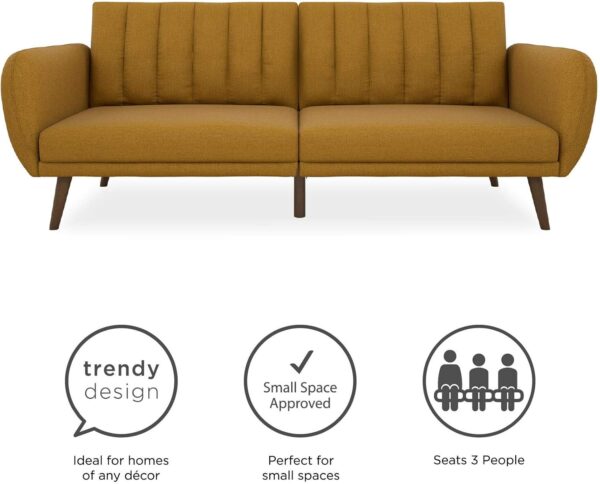 Novogratz Brittany 82 Inch Futon Sofa Bed, Upholstered Couch Sleeper with Tufted Back, Mid-Century Modern, Mustard
