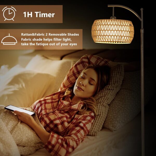 Arc Floor Lamp with Remote Control, Dimmable LED Floor Lamp with 3 Color Temperature, Black Standing Lamp with Rattan & Fabric Double Drum Shade, Boho Farmhouse Tall Pole Lamp for Living Room Bedroom