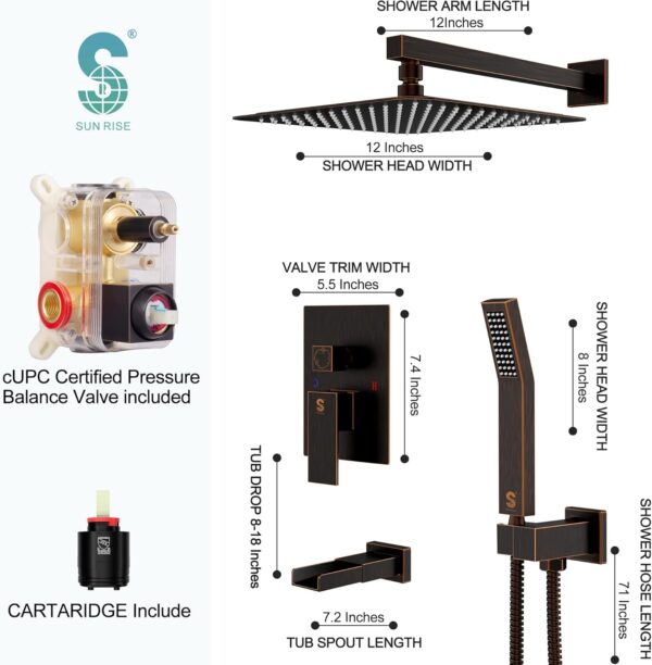 SR SUN RISE 12 Inches All Metal Bathtub Faucet Set Shower System with Tub Spout Square Rain Shower Head and Handheld Combo Shower Fixtues, Modern Valve and Trim Kit, Oil-Rubbed Bronze