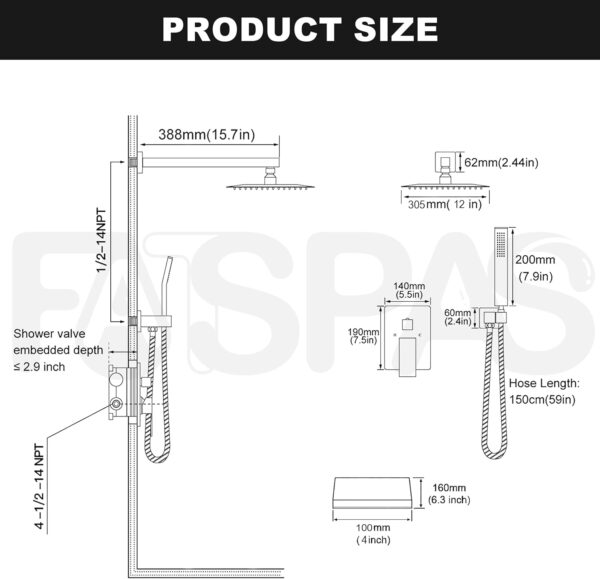 Shower System with Tub Spout, Wall Mounted Shower Faucet Set for Bathroom with 12 Inch Rain Shower Head and Handheld Shower Head Set, Brushed Nickel