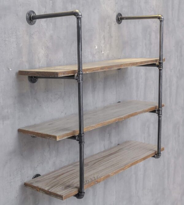 3 level Wall Mounted Iron Floating Pipe Shelves/Racks/Storage/Bookcases, DIY Open Bookshelves/Shelving for Kitchen/Office, Retro Black,(4-Tier Shelf Brackets,Not Include Planks)