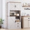 Modern Kitchen Pantry Cabinet with Microwave Stand, Tall Hutch Bar Cabinet with Drawers & Adjustable Shelves, Large Wood Storage Cabinet for Dining Room, Living Room, White