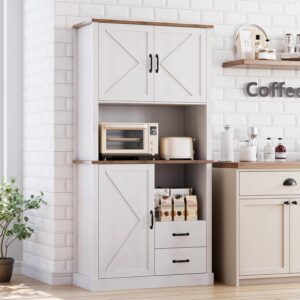 Modern Kitchen Pantry Cabinet with Microwave Stand, Tall Hutch Bar Cabinet with Drawers & Adjustable Shelves, Large Wood Storage Cabinet for Dining Room, Living Room, White