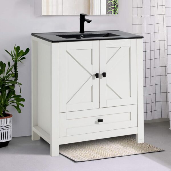 30" Bathroom Vanity with Sink, White Modern Bathroom Storage Cabinet with Black Drop in Bathroom Sink Combo Set