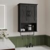 ChooChoo Farmhouse Medicine Cabinet, Bathroom Wall Cabinet with Adjustable Shelf, Towel Bar, 3 Hooks, Over The Toilet Storage Cabinet for Bathroom, Kitchen, Black