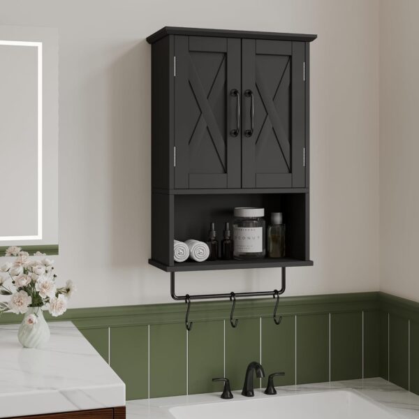 ChooChoo Farmhouse Medicine Cabinet, Bathroom Wall Cabinet with Adjustable Shelf, Towel Bar, 3 Hooks, Over The Toilet Storage Cabinet for Bathroom, Kitchen, Black
