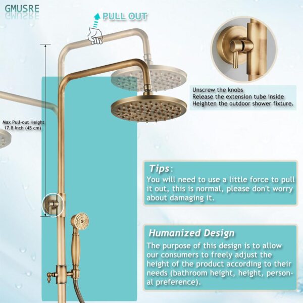 Antique Brass Shower Fixture Bathroom Shower Faucet Set 8 Inch Rainfall Shower Head Handled Shower Waterfall Tub Spout Wall Mounted Outdoor Shower System with Shower Shelf