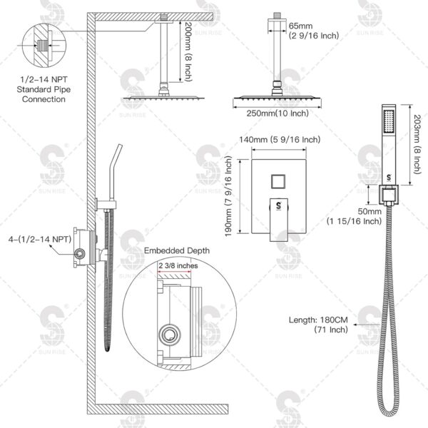 SR SUN RISE Brass 10 Inches Ceiling Mounted Shower System Brushed Nickel Bathroom Luxury Rain Mixer Shower Combo Set Ceiling Install Rainfall Shower Head System