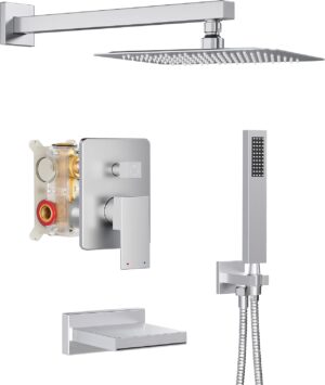 Shower System with Tub Spout, All Metal Tub Shower Faucet Set with 10" Rain Shower Head and Handheld Spray combo, Wall Mounted Tub Shower Systems with Valve and Trim Kit, Brushed Nickel