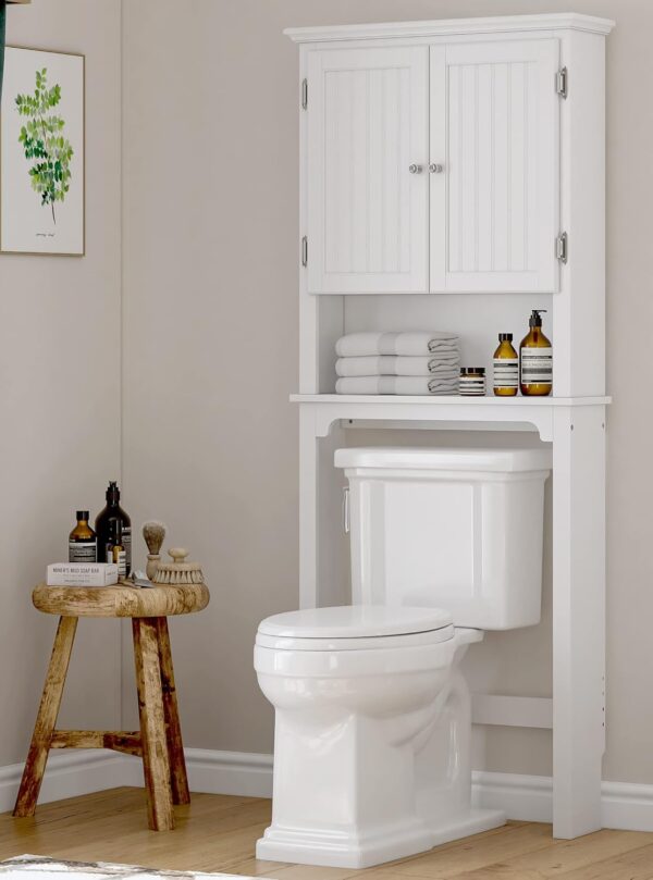 UTEX Bathroom Storage Over The Toilet, Cabinet Organizer with Adjustable Shelves and Double Doors, Wood Space Saver, White