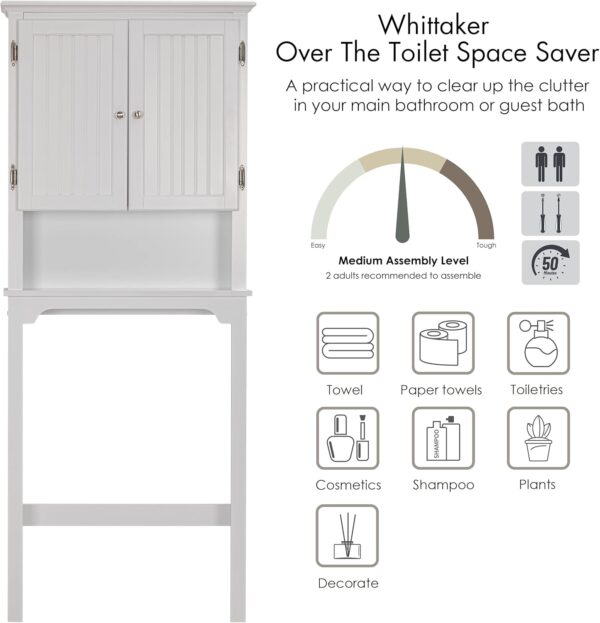 UTEX Bathroom Storage Over The Toilet, Cabinet Organizer with Adjustable Shelves and Double Doors, Wood Space Saver, White