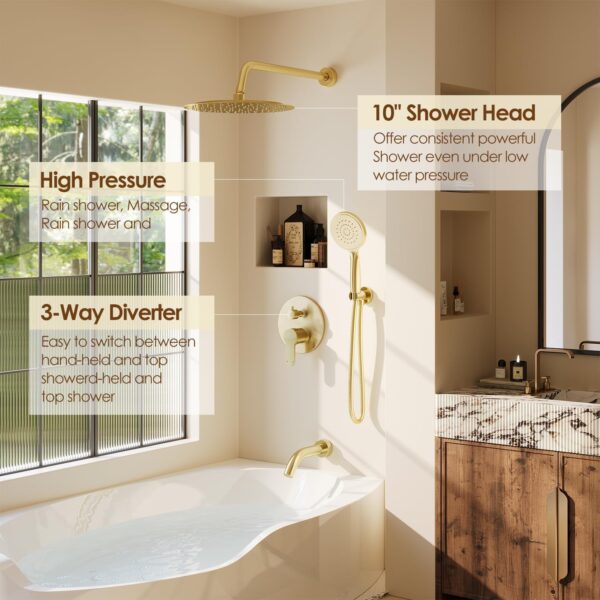 Shower System with Tub Spout, Shower Faucet Set with 10-Inch Rain Shower Head, Handheld Shower head and Shower Faucet Trim valve, Wall Mounted Bathroom Shower Combo Set,Gold