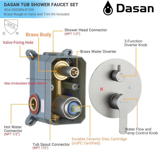 DASAN Tub Shower Faucets Sets Complete Bathtub Faucet Set Brushed Nickel Bathtub Shower System with Tub Spout, Bathroom Tub and Shower Faucet Combo Trim Kit with Rough-in Valve, DA-SS03BN-R10W