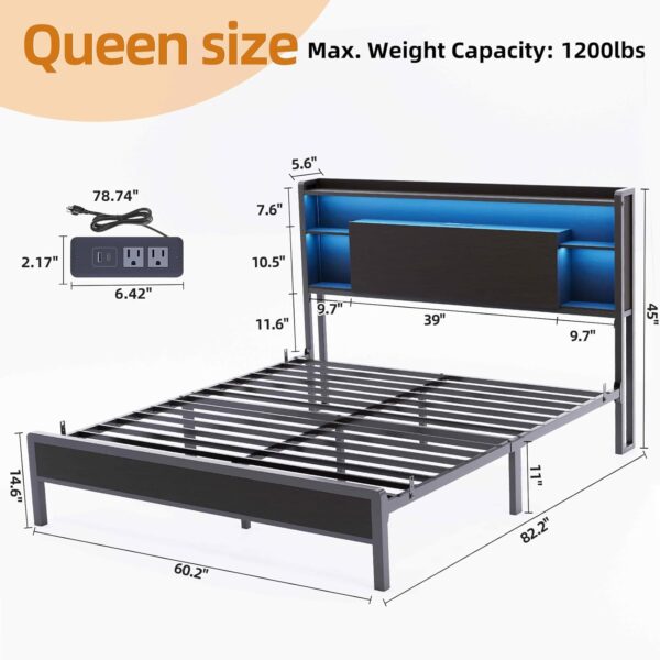 Bed Frame Queen Size with LED Lights and Charging Station, Heavy Duty Metal Platform Bed with Super Large Storage Space Headboard, No Box Spring Needed, Noise-Free, Easy Assembly, Black