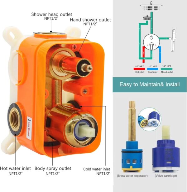 Brushed Gold Dual Shower Heads System: 12" Ceiling Mount Rain & 6" Wall Mounted Rainfall Head and 2 in 1 Handheld Spray, Full Body Faucet Set, 3 Way Diverter Brass Valve with Trim Kit