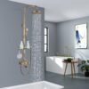 Antique Brass Shower Fixture Bathroom Shower Faucet Set 8 Inch Rainfall Shower Head Handled Shower Waterfall Tub Spout Wall Mounted Outdoor Shower System with Shower Shelf