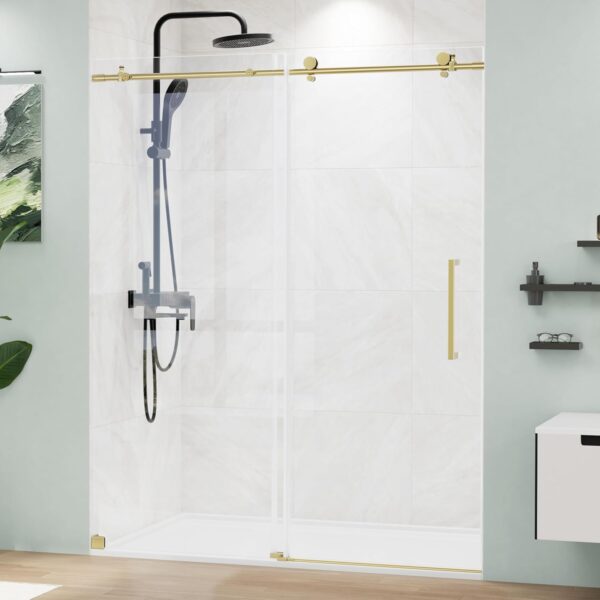 717i73pXy2L._AC_SL1500_.jpg Frameless Shower Door 56-60" W x 75" H, Sliding Shower Door with SGCC Tempered Ultra-Clear Glass, Gold Shower Door with Stainless Steel Handle and Side Seal Strip for Leak-Proof Design