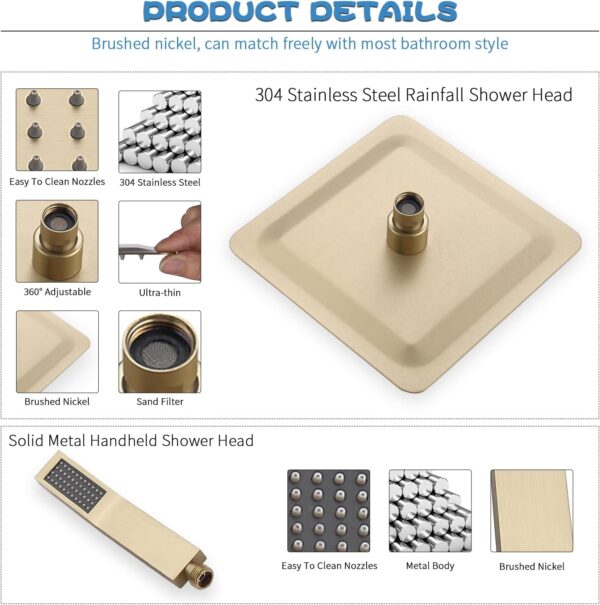 All Metal Shower Faucet Set, Dual Square Shower Head System with Handheld Wand & Rainfall Showerhead, Diverter, Hose Complete Combo, Pressure Balance Rough-in Valve Included