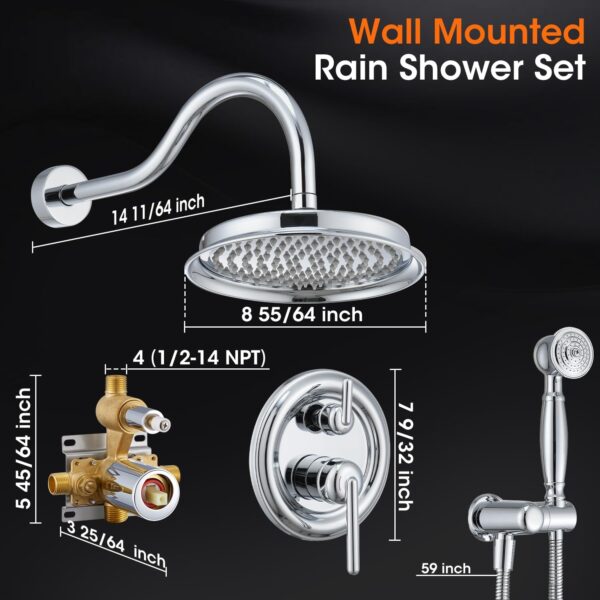 Shower System with Rain Shower Head, Handheld Spray, Rough-in Valve and Trim Kit 9 Inch Bathroom Luxury Rain Mixer Shower Complete Combo Set Wall Mounted High Pressure Shower Faucet Set Chrome