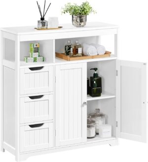 Yaheetech Bathroom Floor Cabinet, Wooden Storage Organizer with 3 Drawers and 2 Open Shelves, Freestanding Storage Cabinet with a Large Bottom Cabinet for Bathroom, Living Room, Kitchen, White