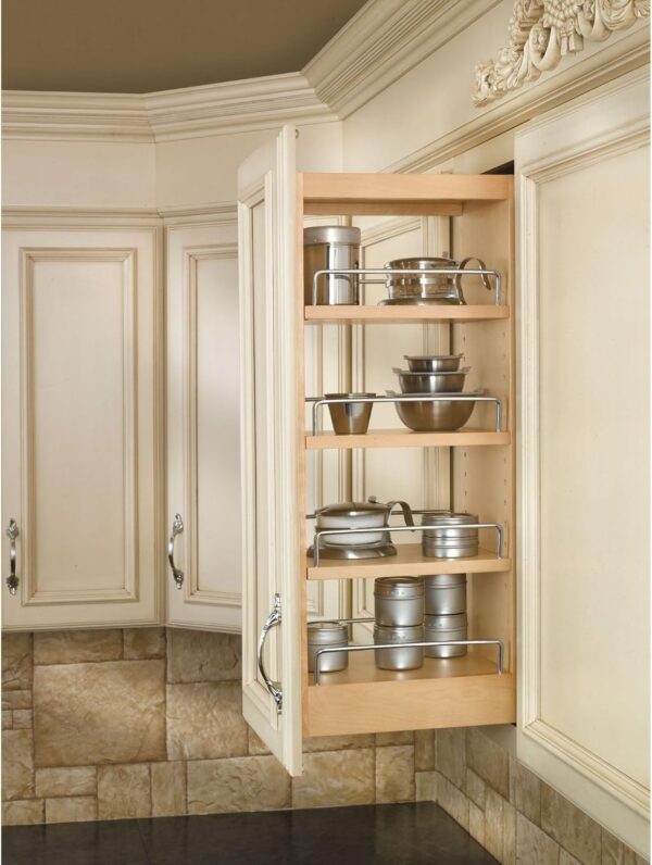 Rev-A-Shelf 8" Pullout Storage Organizer for Wall Kitchen Cabinets, Sliding Adjustable Shelves for Spice Rack or Cans, Wood and Chrome, 448-WC-8C