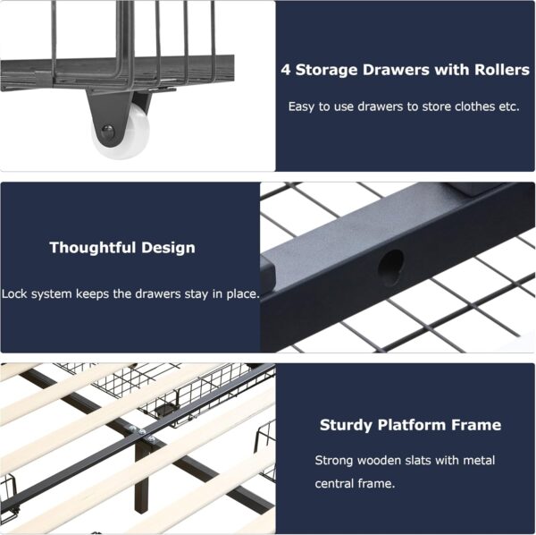 VECELO Queen Size Bed Frame with 4 Storage Drawers, Adjustable Height Headboard, Heavy-Duty Platform Bedframe with Strong Wooden Slats, No Box Spring Needed, Pale Beige