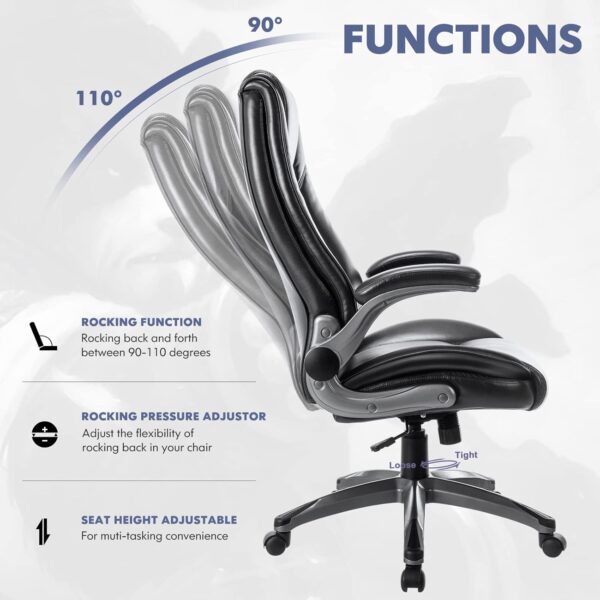 COLAMY Leather Executive Office Chair - High Back Home Computer Desk Chair with Padded Flip-up Arms, Adjustable Tilt Lock, Swivel Rolling Ergonomic Chair for Adult Working Study, Black