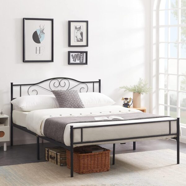 VECELO Metal Platform Bed Frame with Headboard & Footboard, Steel Slats Mattress Foundation, No Box Spring Needed, Queen, Charcoal Black