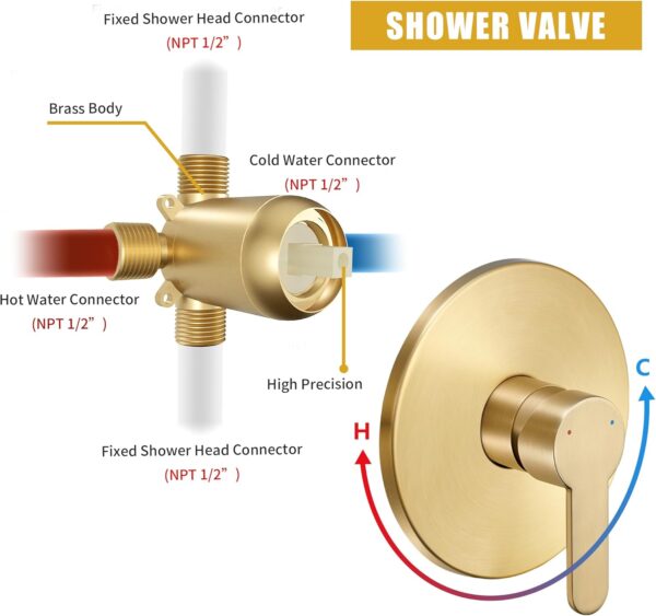 Tohlar Gold Shower Faucet Set with Tub Spout, Bathtub and Shower Faucet Combo Kit, 6-Inch Rain Shower Head and Faucet Set with Valve, Brushed Gold