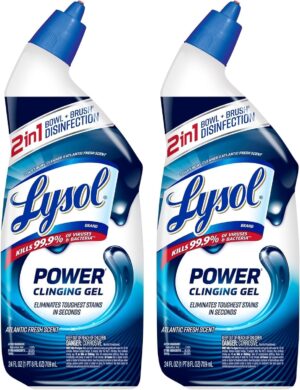 Lysol Toilet Bowl Cleaner, Max Strength Bathroom Cleaning Supplies, Toilet Bowl Cleaner Clinging Gel, Home Essential, Instant Stain Removal, Disinfecting and Deodorizing, Bleach Free, 24 oz (2 ct)