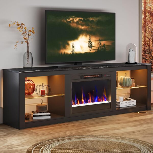 Bestier Fireplace TV Stand for TVs Up to 75",Gaming Entertainment Center with 18" Electric Fireplace, Adjustable Shelves,LED TV Console with Modern Design for Living Room,Black Marble