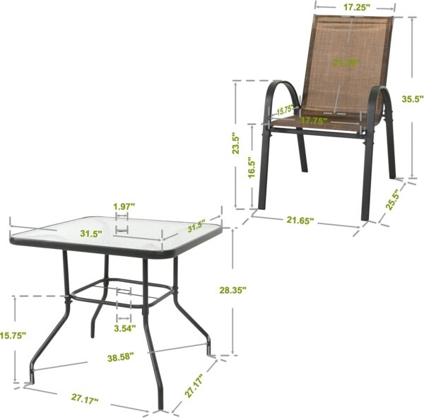 NUU GARDEN 5 Piece Outdoor Dining Set, 4 All Weather Outdoor Textilene Patio Chairs and 32" Square Tempered Glass Dining Table with 1.97" Umbrella Hole, for Backyard, Patio, Garden, Brown and Black