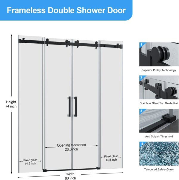 Frameless Double Sliding Shower Door,60 in.W x 74 in.H Shower Glass Door 5/16"(8mm) Thick，Stainless Steel Square Guide Rail, Matte Black Finished