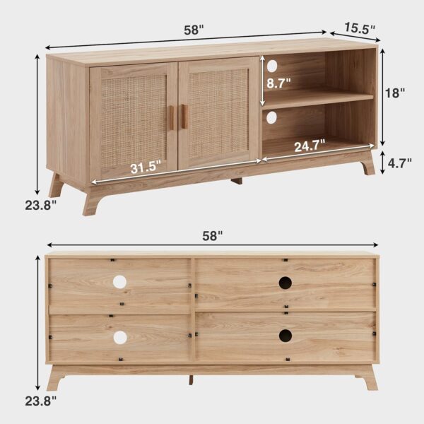 Okvnbjk TV Consoles for Living Room, Mid Century Modern TV Stand for 65 Inch TV, Rattan Entertainment Center, Media Console with Natural Rattan Doors & Adjustable Shelf, Boho TV Stand for Bedroom, Oak