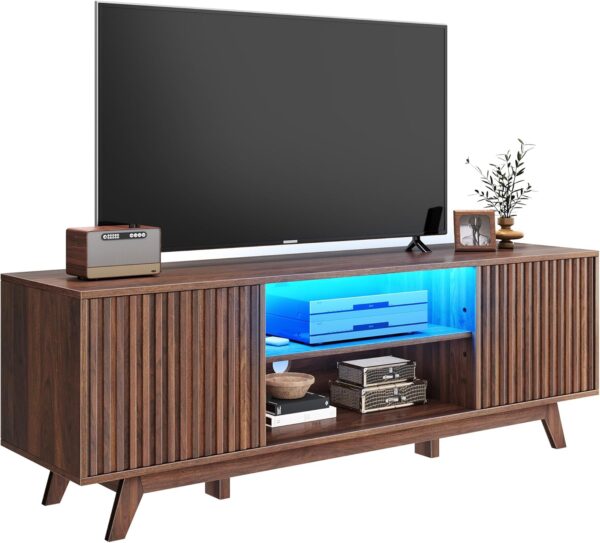 DWVO LED TV Stand, Fluted Entertainment Center for 65 Inch TV, Mid Century Modern TV Cabinet with Adjustable Shelves, Media Console Table for Living Room, Walnut
